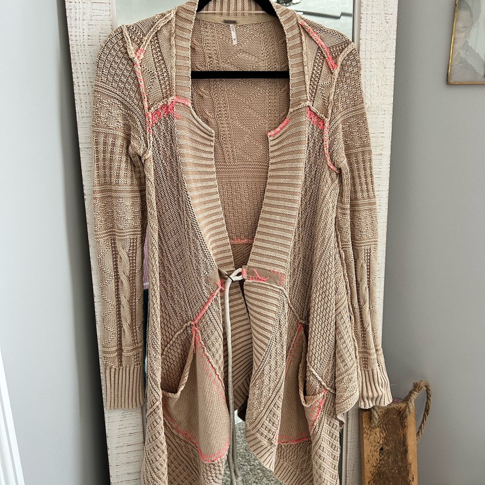 Free People Beige/Pink Thread Knit Open Front Long Waterfall Sweater